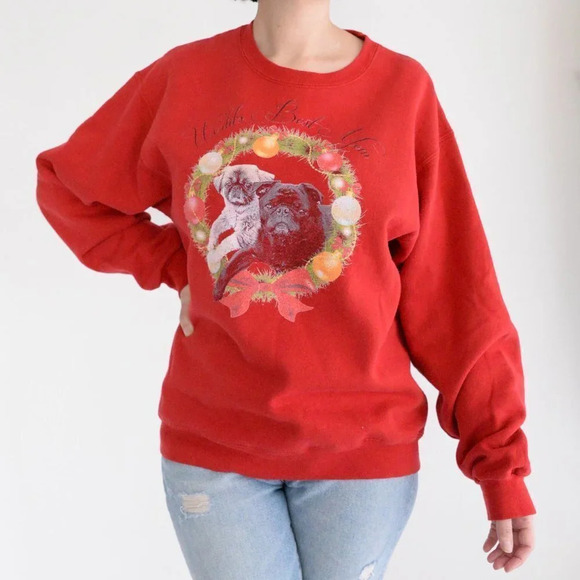 Vintage Jerzees Red Worlds Best  Mom Pug Sweater Size Medium - Picture 1 of 11